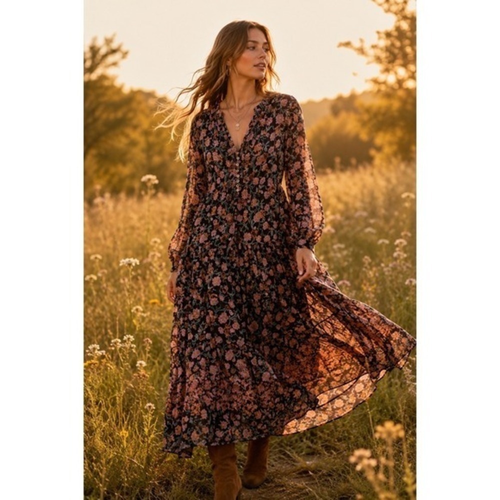 Free People See It Through Maxi Dress Womens L Floral Boho Sheer NWT
